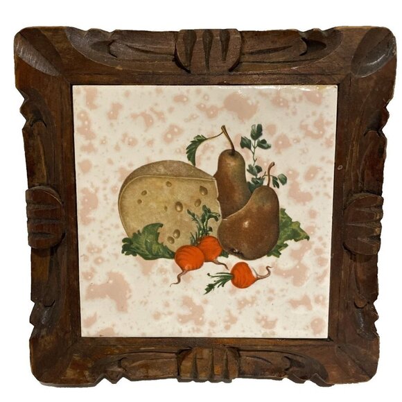 Vintage Dal-Tile Mexico Trivets Set of 2 Hand Carved Wood Frames Kitchen Fruit - Picture 2 of 10